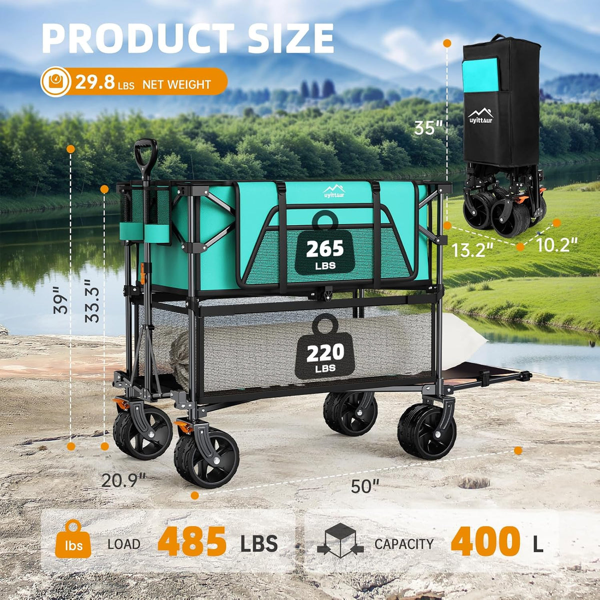 Uyittour Foldable 50''L Extra Long Double Decker Wagon for Sport, 400L Collapsible Heavy Duty Wagon Cart with Big Wheels, Utility All-Terrain Large Extender Cart for Outdoors, Light Blue