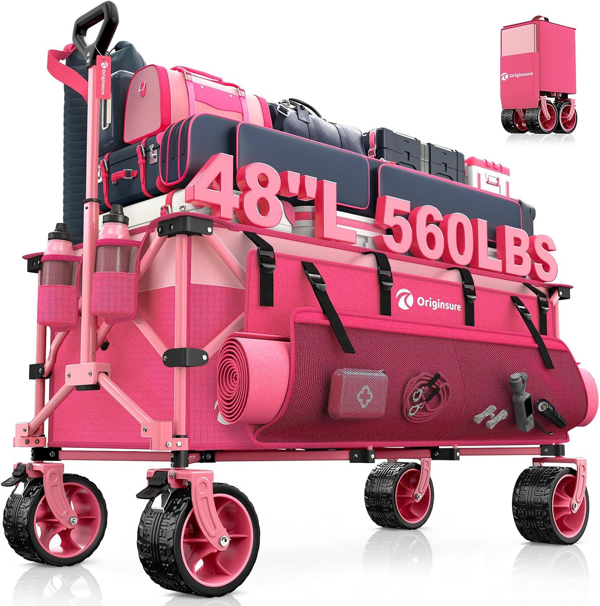 Originsure 48' L Collapsible Beach Wagon Cart Foldable, 560LB Weight Capacity 300L Heavy Duty Folding Wagons with Big All-Terrain Wheels, Utility Carts for Groceries, Camping, Sports - Pink