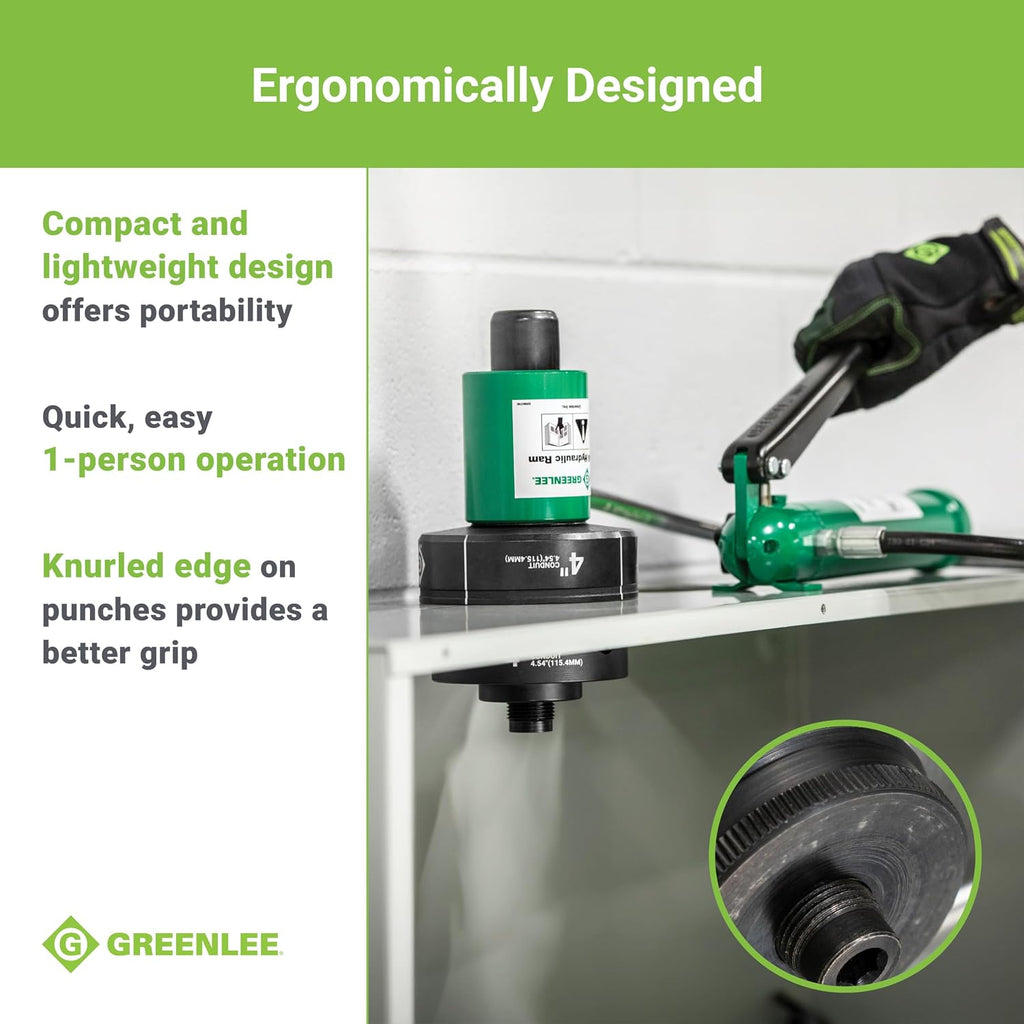 Greenlee 7310SB 11-Ton Hydraulic Knockout Punch Kit with Hand Pump, Ram, 1/2' to 4' Slug-Buster Punches, Dies, and Hydraulic Draw Studs, Electrical Conduit Hole Cutter Kit
