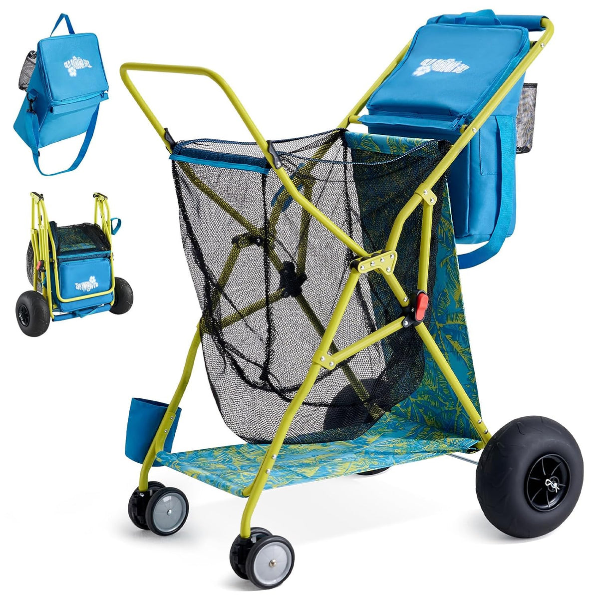 Old Bahama Bay Beach Cart with Big Balloon Wheels for Sand | Collapsible Beach Wagon with Cooler Bag, Umbrella Holder, Chair Rack & Large Mesh Storage, 100 LBS Capacity