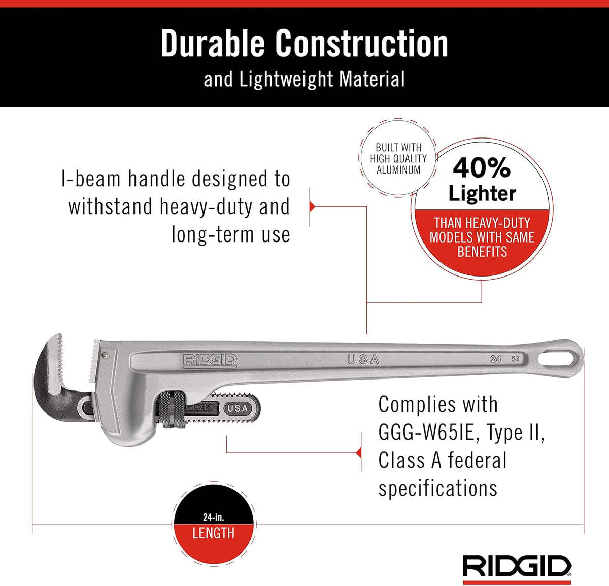 RIDGID 31105 Model 824 Aluminum Straight Pipe Wrench, 24-inch Plumbing Wrench, grey