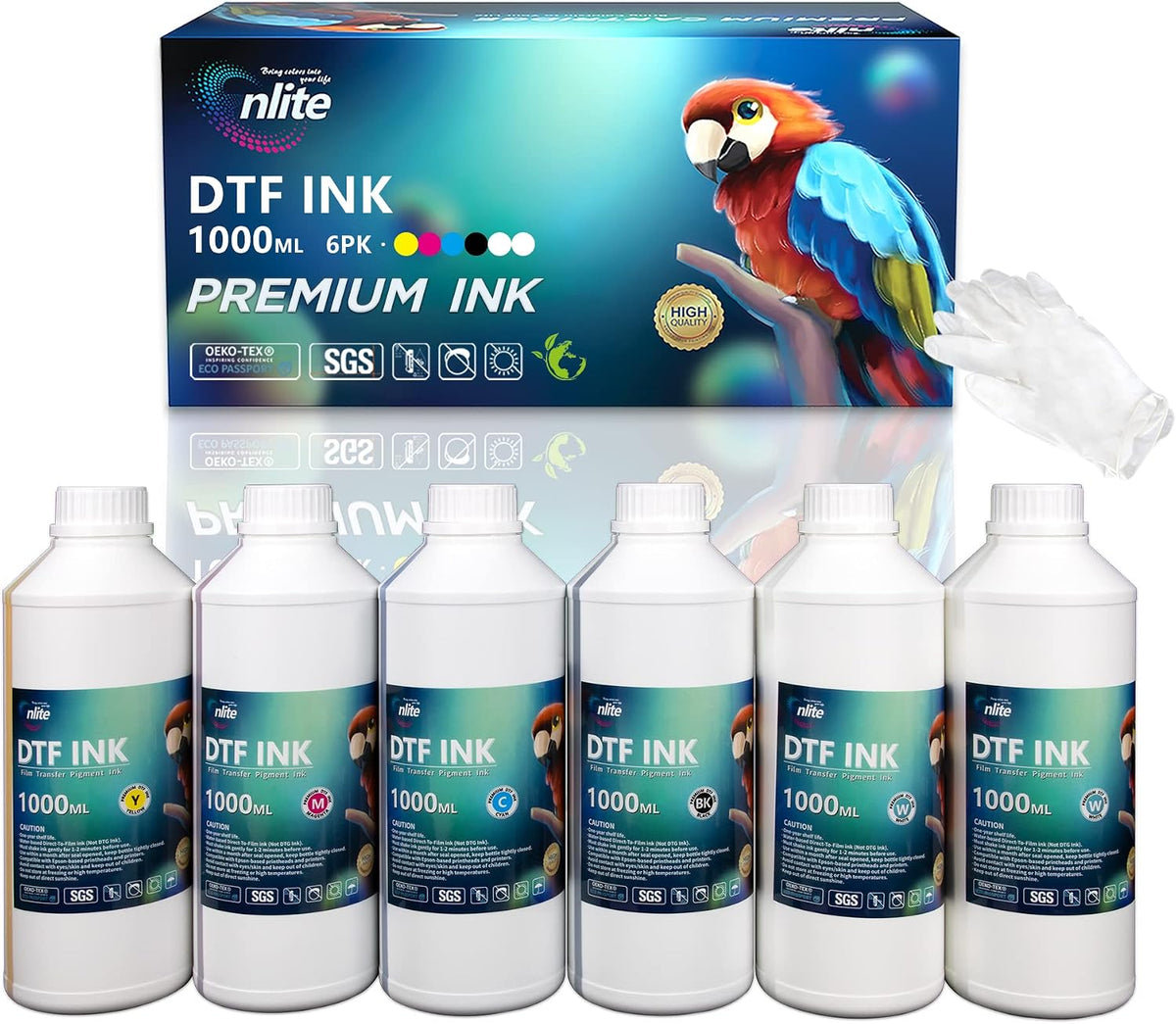 Enlite Premium DTF Ink 1000ML Value Pack, Water-Base Digital Inkjet Ink Refill for Direct to Film Printers with Printhead L1800 L805 R1390 4720 I3200 XP600 DX7 DX5 5113, 6-Pack（2W-1BK-1C-1M-1Y）