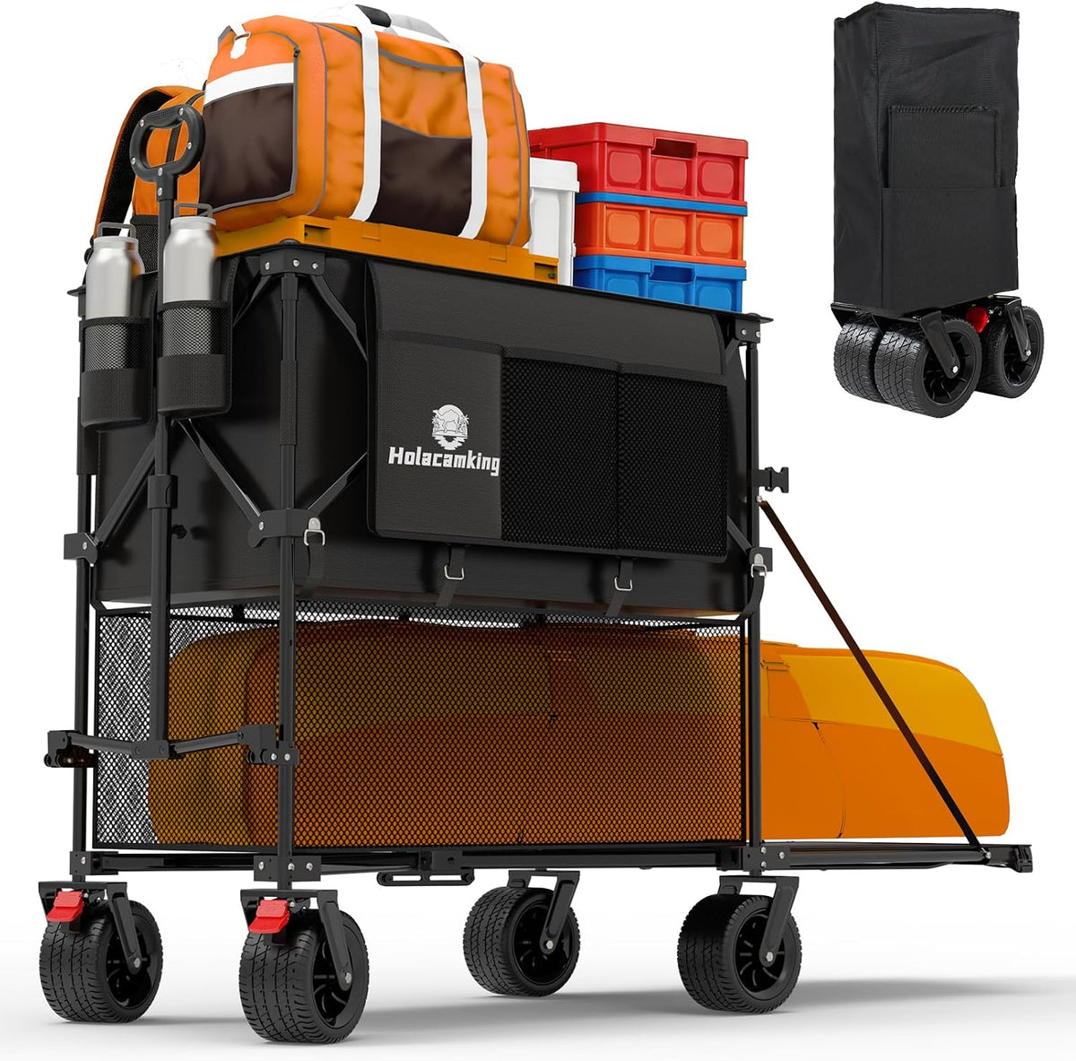 480L Double Decker Wagon, 58' L Extended Foldable Utility Cart with Tailgate, Big All-Terrain Wheels with Brakes, 520lbs Heavy Duty Collapsible Wagon for Camping Beach Sports Grocery Pets
