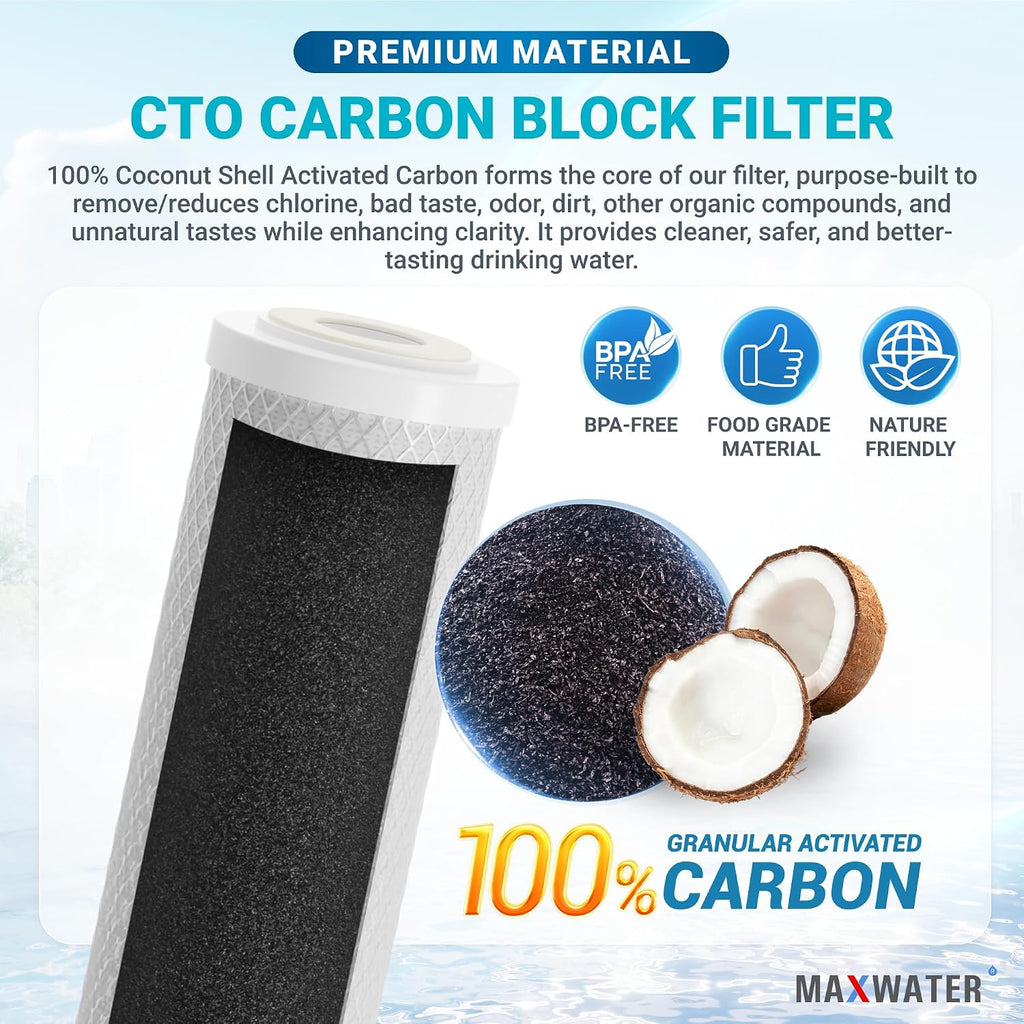 Max Water 5 Micron 10 x 2.5 CTO Carbon Water Filter Cartridge for Whole House Filtration Systems Compatible with WHEF-WHWC, WHCF-WHWC, FXWTC, AMZN-SCWH-5, CTO10, 25-Pack