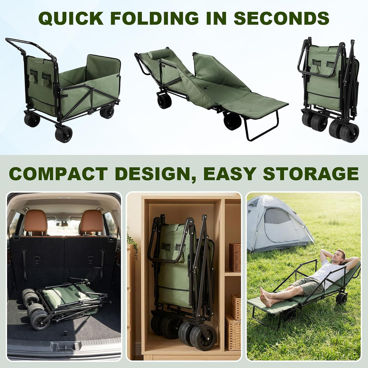 Generic Wagons Carts Foldable 2-in-1 Collapsible Wagon 440lbs Capacity Folding Cart with All-Terrain Wheels for Sports Garden Shopping Camping