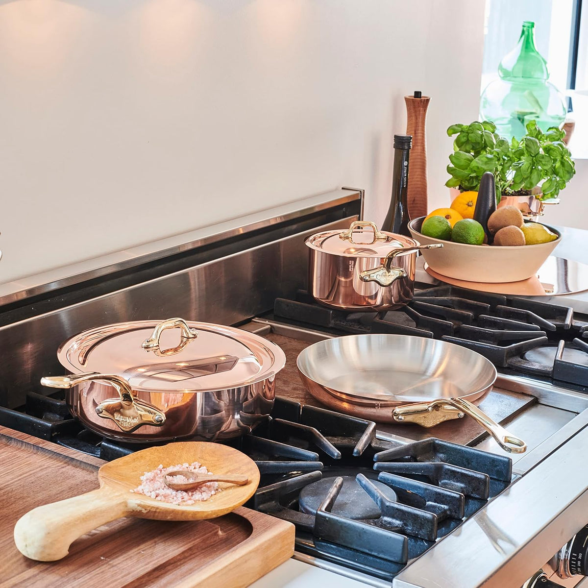 Mauviel M'Heritage 150 B 1.5mm Polished Copper & Stainless Steel 14-Piece Cookware Set With Brass Handles, Made In France