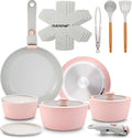 NutriChef 18-Piece Ceramic Cookware Set with Detachable Handles, Non Stick Pots and Pans, PTFE-Free Natural Ceramic Coating, Space-Saving Design, Oven & Stove Safe, Includes Utensils, Pink