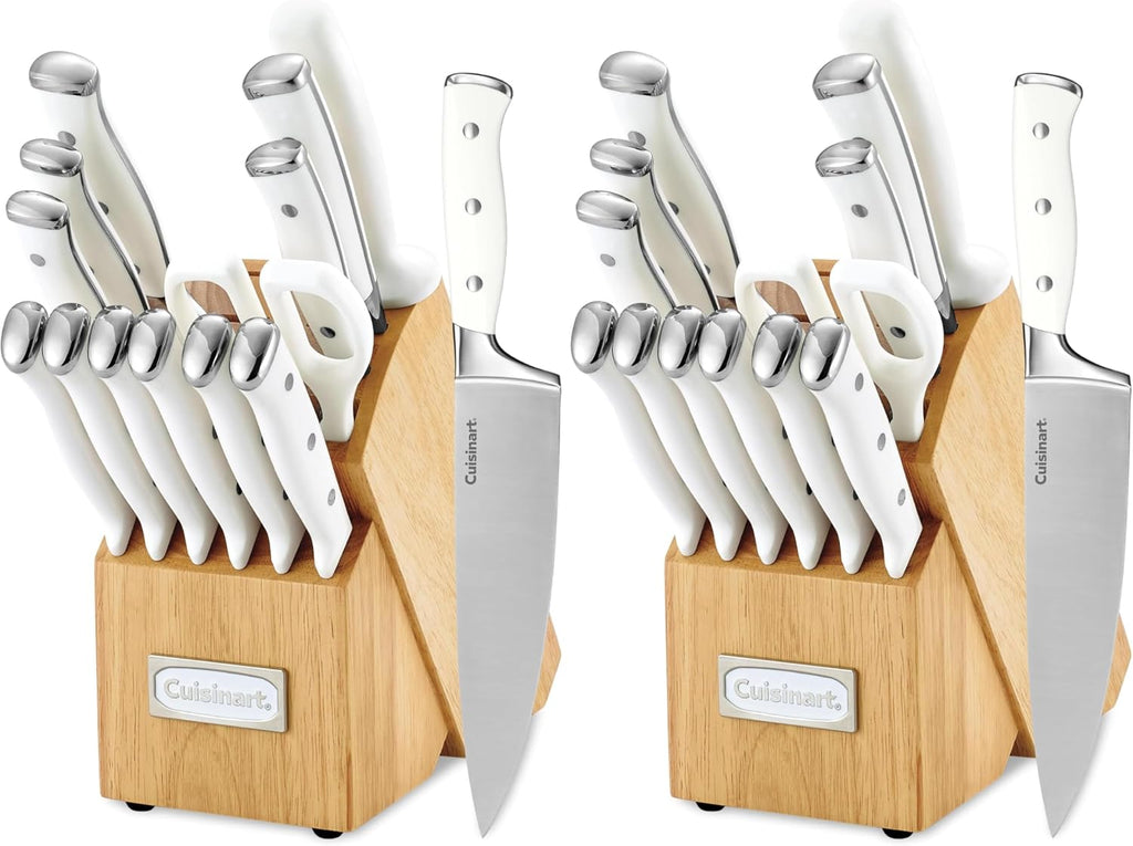 Cuisinart 15-Piece Knife Set with Block, High Carbon Stainless Steel, Forged Triple Rivet, White, C77WTR-15P (Pack of 2)