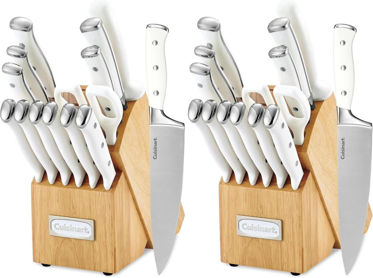 Cuisinart 15-Piece Knife Set with Block, High Carbon Stainless Steel, Forged Triple Rivet, White, C77WTR-15P (Pack of 2)