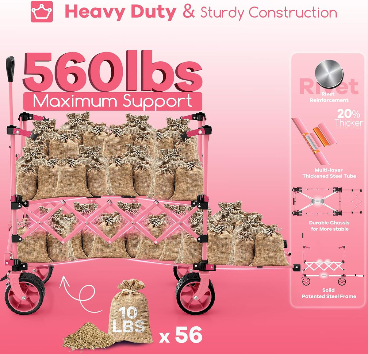 400L Double Decker Wagon Collapsible with 54' L Tailgate, 560lbs Heavy Duty Wagons Carts Foldable, Extra Large Folding Beach Wagon with Big All-Terrain Wheels for Camping, Sports, Groceries, Pink