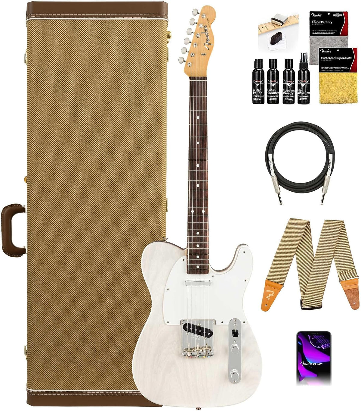 Fender Jimmy Page Mirror Telecaster - White Blonde Bundle with Tweed Case, Strap, Cable, and Guitar Cleaning Kit