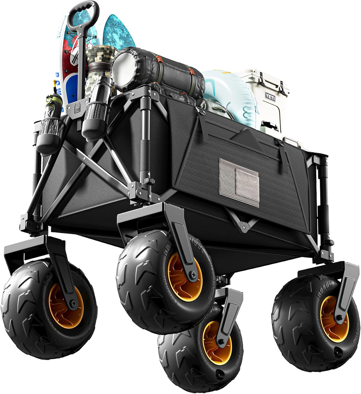 DXZ Beach Wagon Cart with Big Wheels for Sand – Folding Collapsible Wagon, Heavy Duty Wagons Carts Foldable for Beach, Camping, Outdoor Gear, Easy Setup Black Yellow