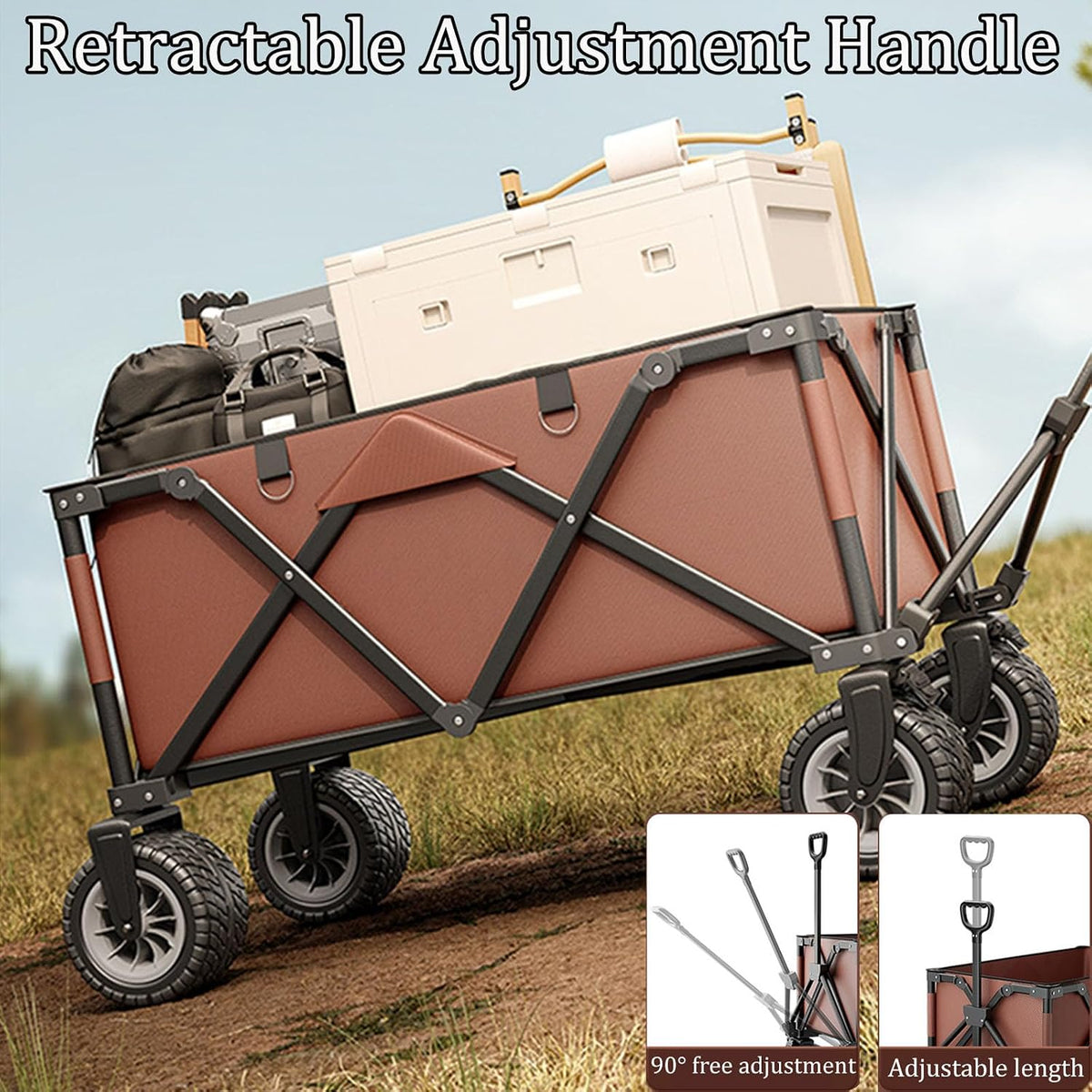 Coffee Color Garden Carts,Collapsible Wagon,Sports Outdoor Utility Wagon Folding Garden Wagon Foldable Table Board Foldable Yard Car Off-Road Wheels with Brakes Camping Cart