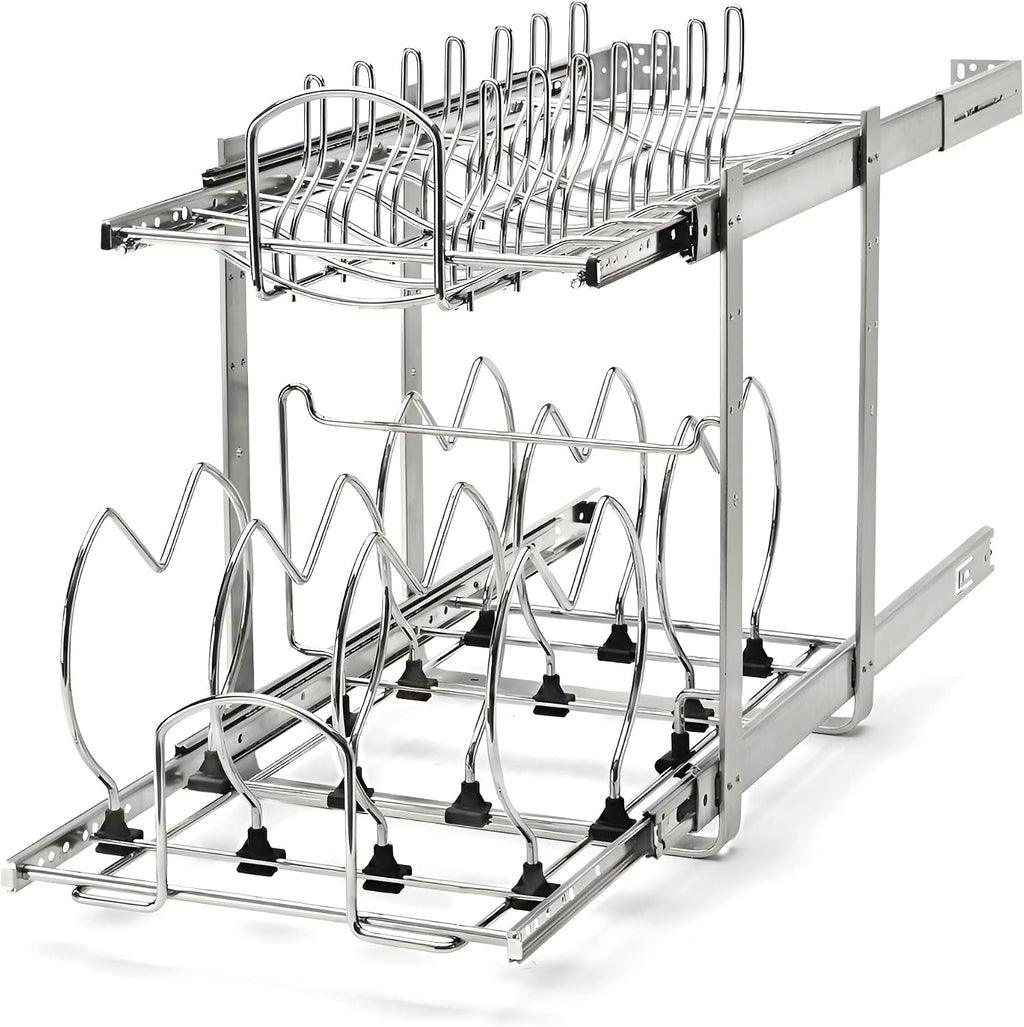 Rev-A-Shelf 2-Tier Kitchen Cabinet Pullout, Cabinet Organizer for Pots, Pans, and Lid Cookware, Adjustable Heavy Duty Wire, Min Opening Width of 11.5', Chrome, 5CW2-1222-CR