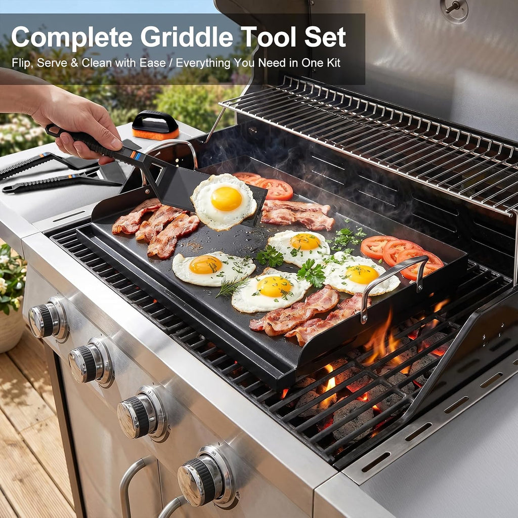 25' x 16' Cast Iron Griddle for Gas Grill with Silicone Griddle Tool Kit, Pre-Seasoned Grill Griddle for Gas/Charcoal Grills, Flat Top Grill Accessories Set with Spatulas, Scraper Cleaning Brush