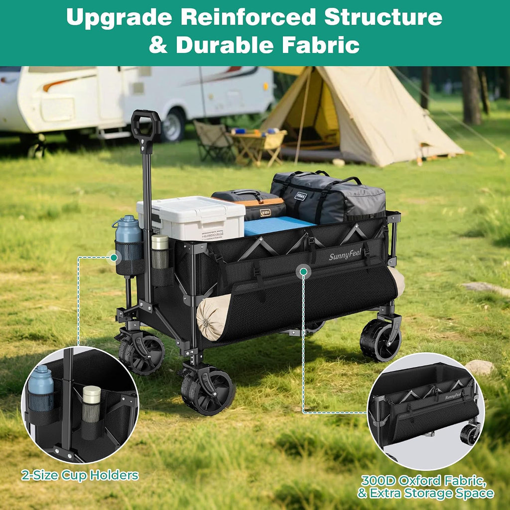 SUNNYFEEL 300L Wagon Cart Foldable - 550LBS Heavy Duty Collapsible Wagon with Big All-Terrain Wheels & Brakes, Extra Large Folding Utility Wagon for Camping, Grocery, Sports, Garden, Beach, Black