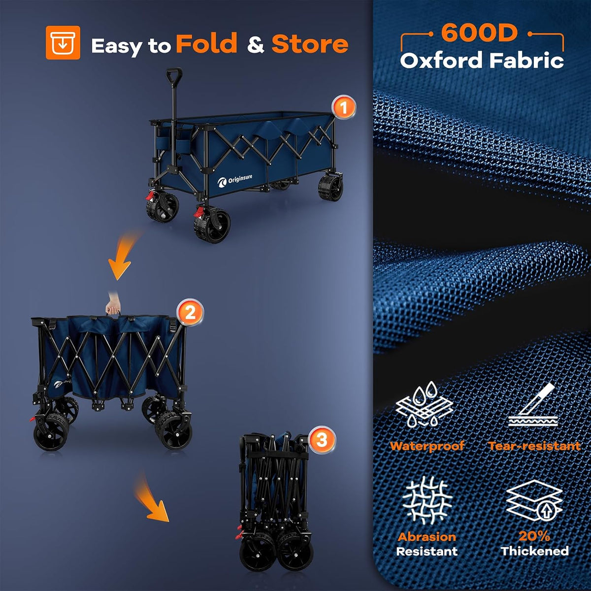 48' L Folding Beach Wagon Cart Foldable, 560lbs Weight Capacity 300L Heavy Duty Collapsible Wagons with Big All-Terrain Wheels, Utility Carts for Groceries, Shopping, Camping, Sports - Blue