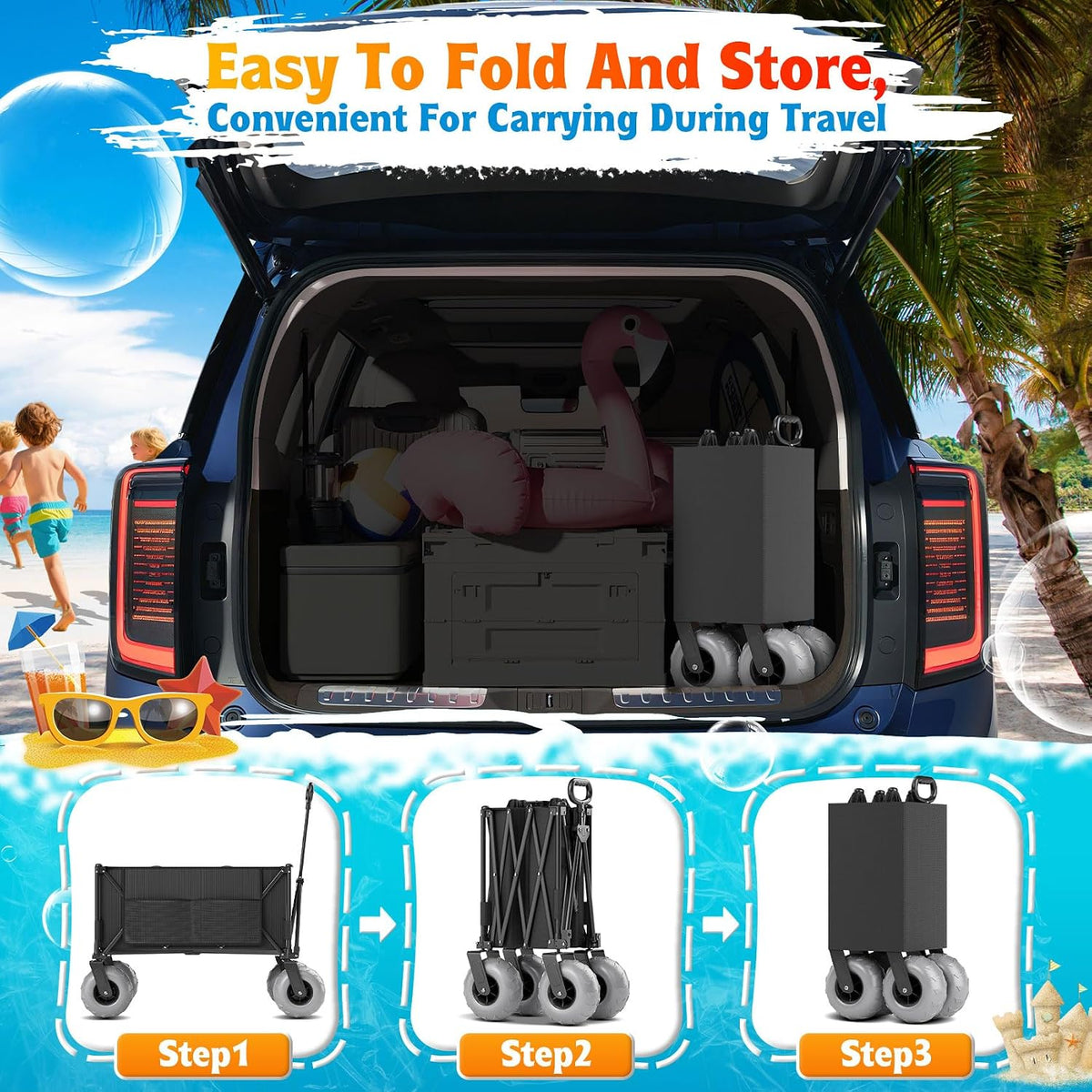 Heavy Duty Beach Wagon with 9' Big Wheels for Sand - 450lbs Load Foldable Wagon with Adjustable Handle & Cooler Bag, Collapsible Beach Cart for Shopping Garden Sports Camping Outdoor