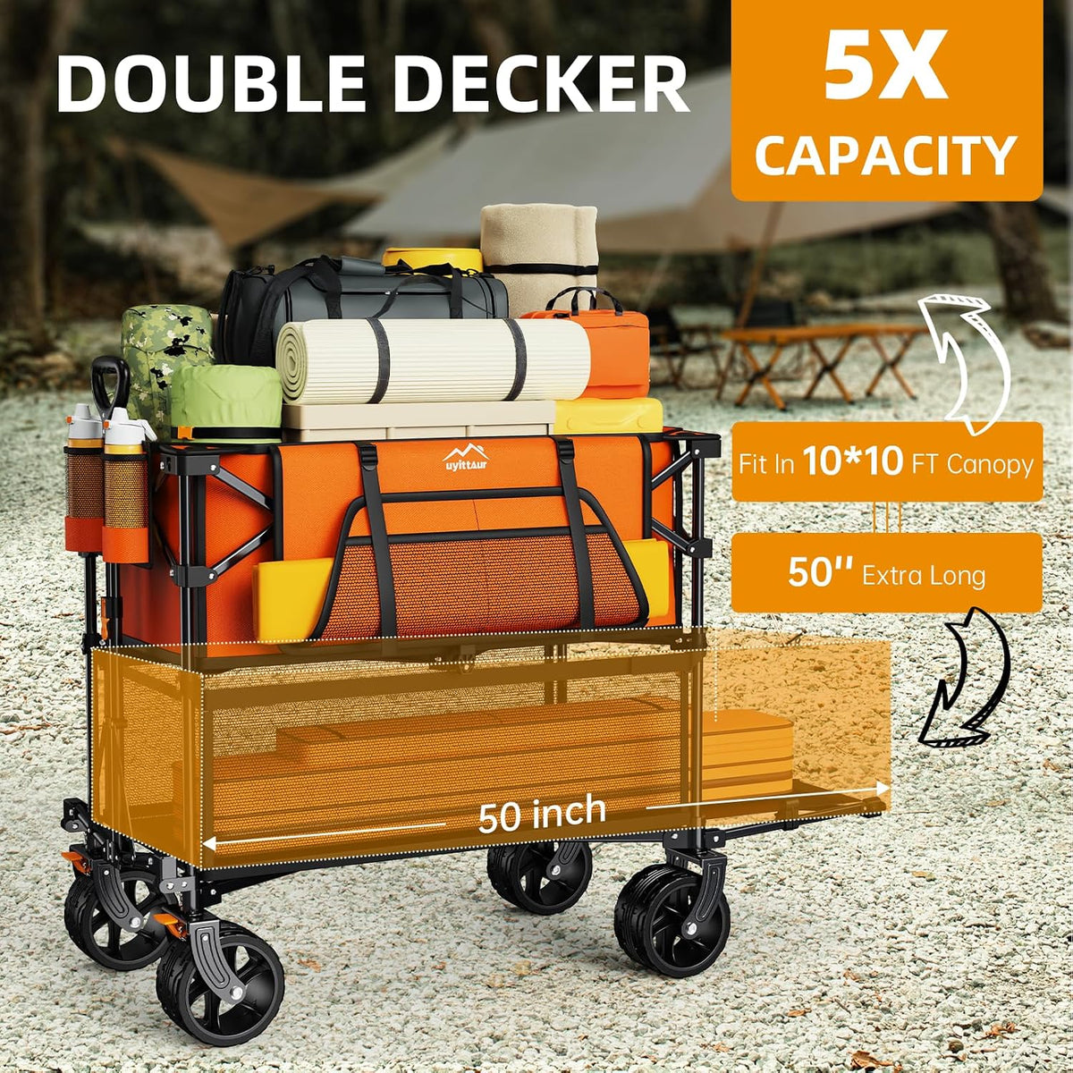 Uyittour Foldable 50''L Extra Long Double Decker Wagon for Sport, 400L Collapsible Heavy Duty Wagon Cart with Big Wheels, Utility All-Terrain Large Extender Cart for Outdoors, Orange