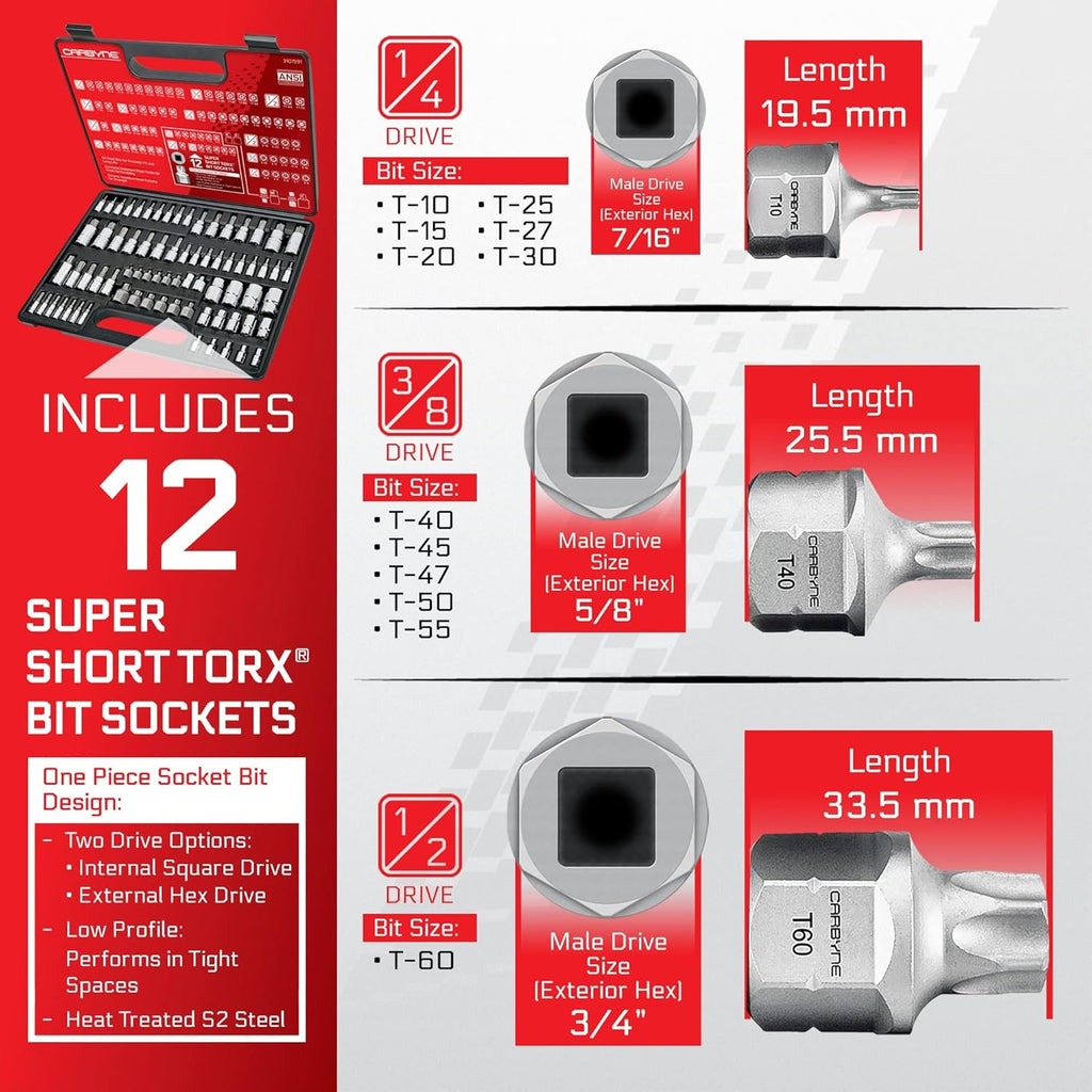 CARBYNE 74-Piece Master Torx Bit Socket Set and E-Torx Socket Set, Stubby Low Profile Super Short T10-T60, Standard T6-T70, Tamper TT6-TT70, Plus TP8-TP60, S2 Steel, Genuine Licensed Torx