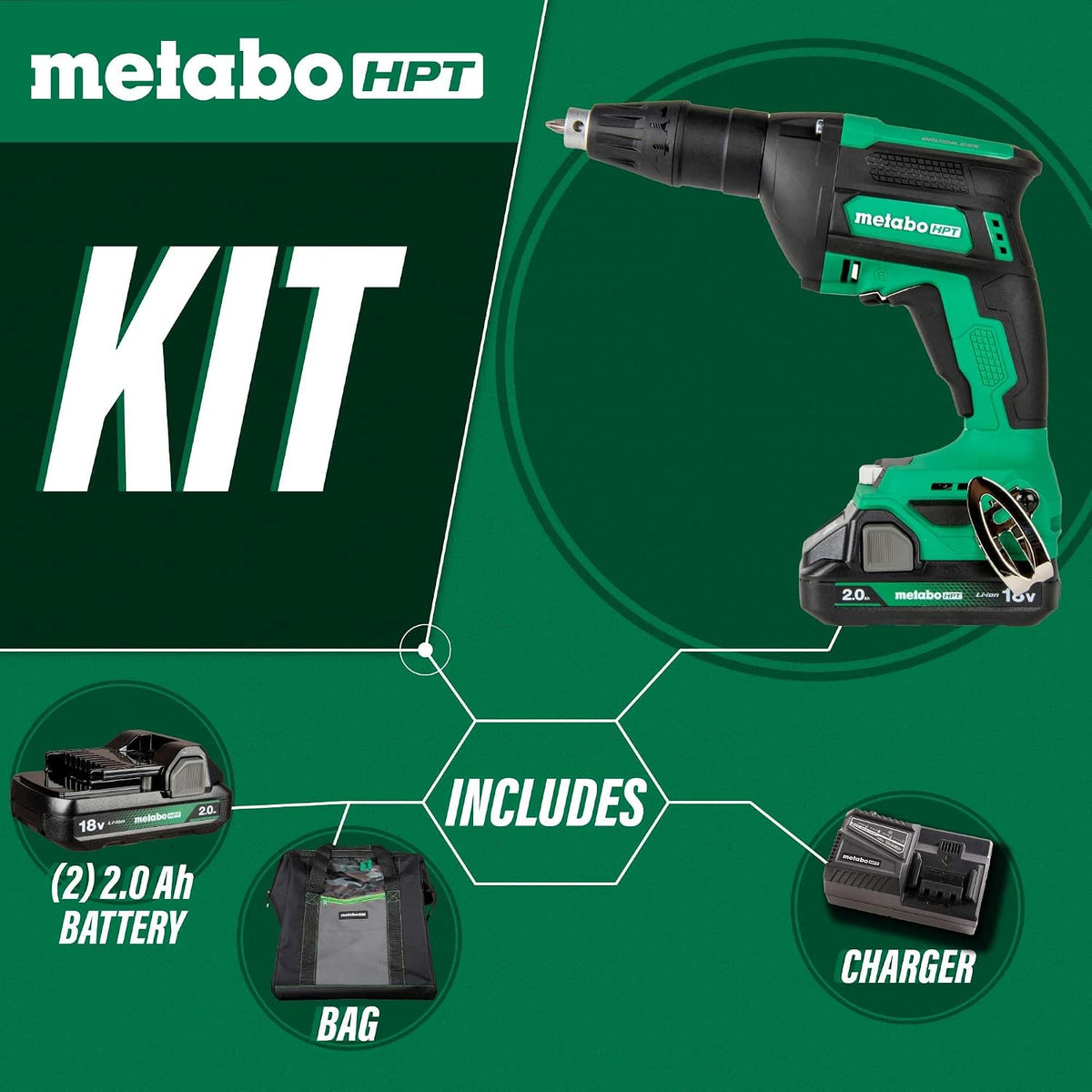 Metabo HPT Cordless 18V MultiVolt™ Drywall Screw Gun Kit | Includes 2-18V 2.0 Ah Batteries | Lifetime Tool Warranty | W18DAQA