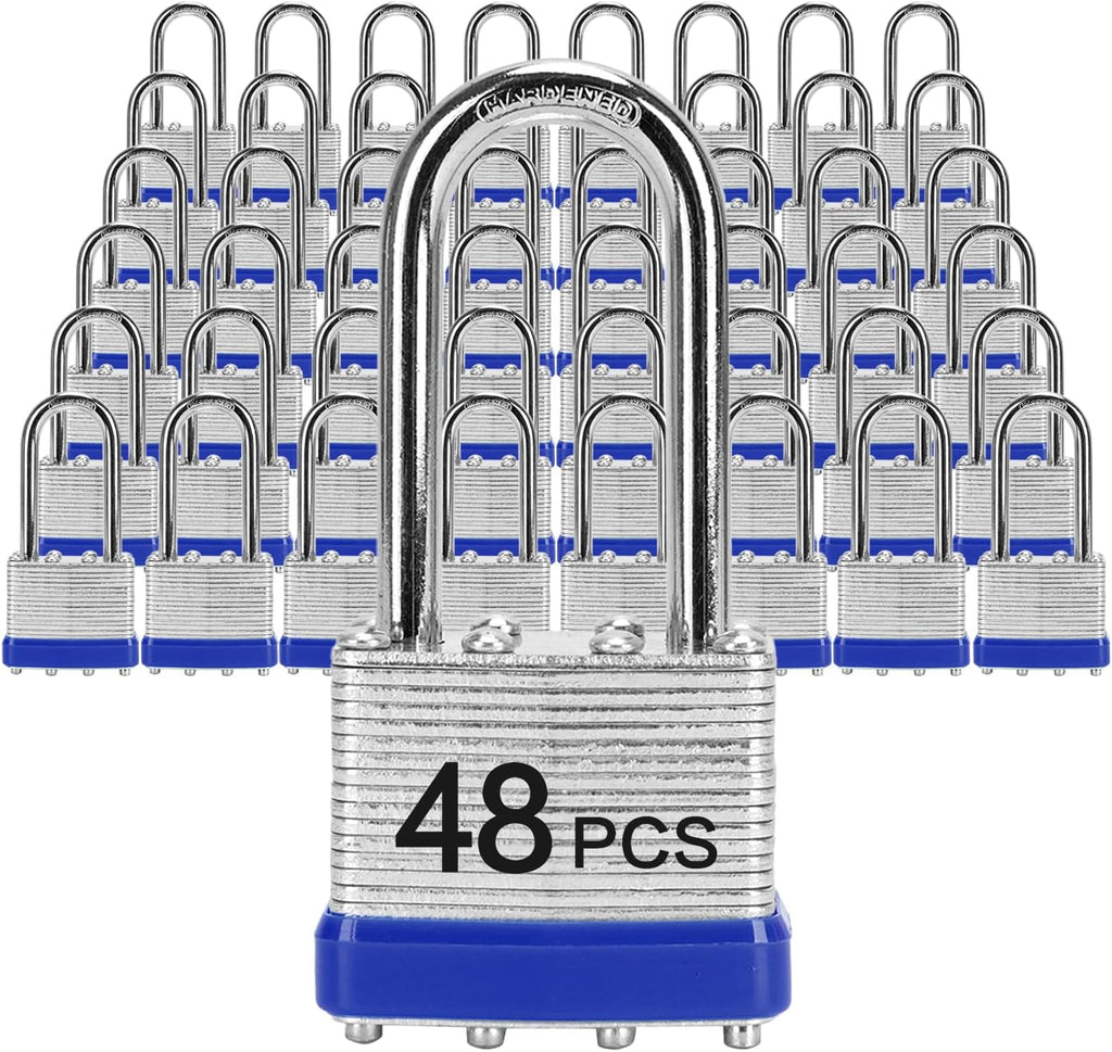 Padlocks with Same Key, LQYN 48 Pcs Laminated Keyed Padlock (1-9/16', 40mm), Keyed Alike Locks, Long Shackle, for Storage Locker, Hasp Latch, Toolbox, Sheds