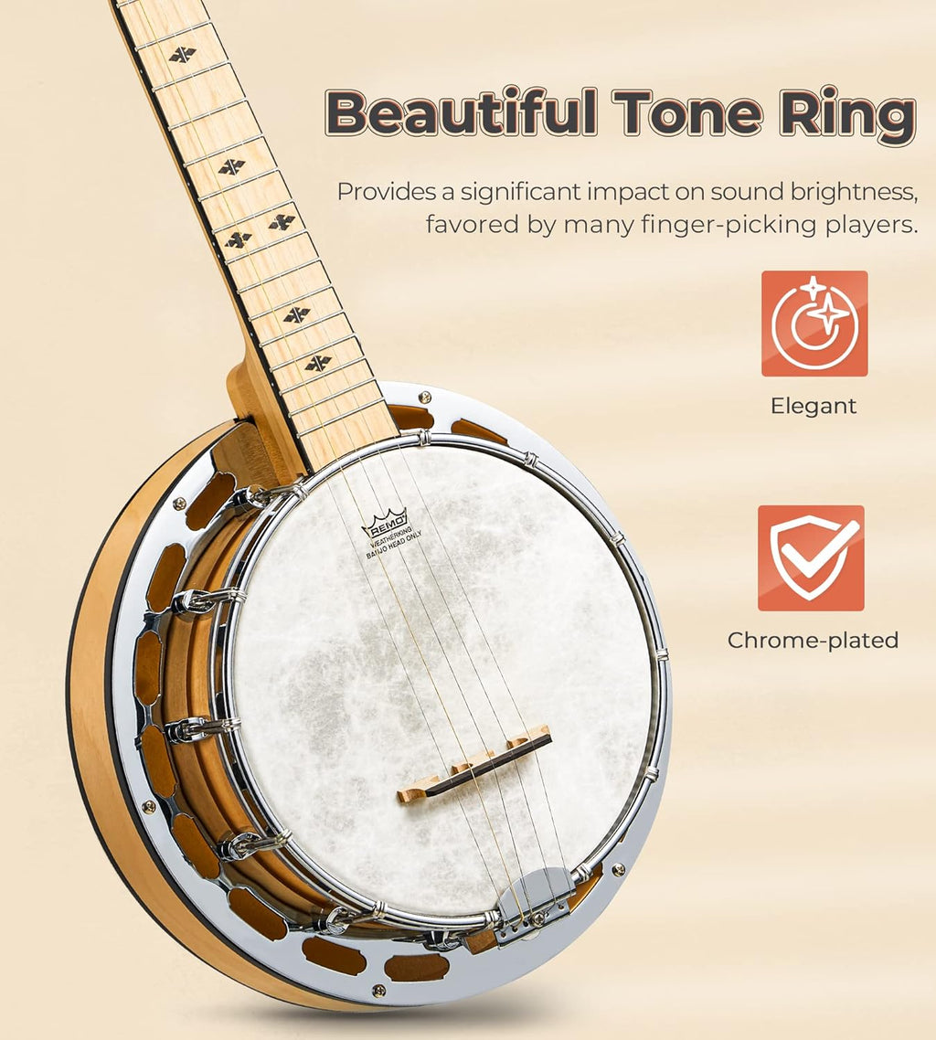 Vangoa Mini 5 String Banjo 28 Inch - Travel Maple Small Beginner Kit With Tone Ring, Fiberskyn Remo Head for Kids Teens Adults