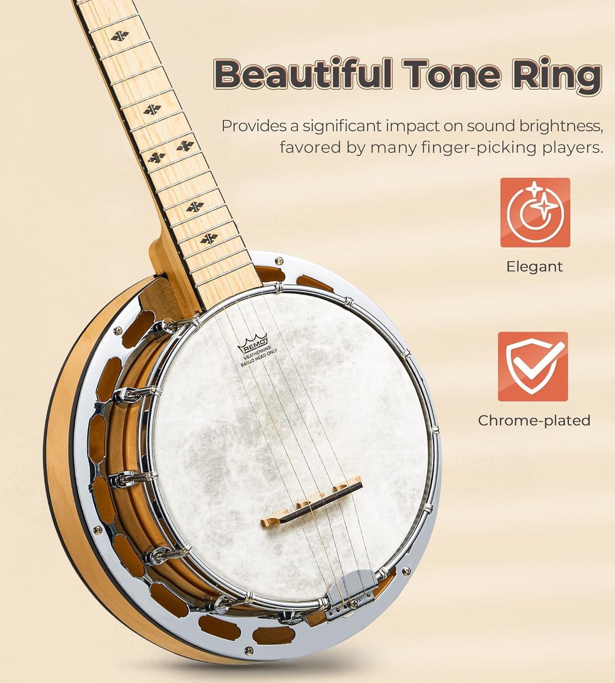 Vangoa Mini 5 String Banjo 28 Inch - Travel Maple Small Beginner Kit With Tone Ring, Fiberskyn Remo Head for Kids Teens Adults