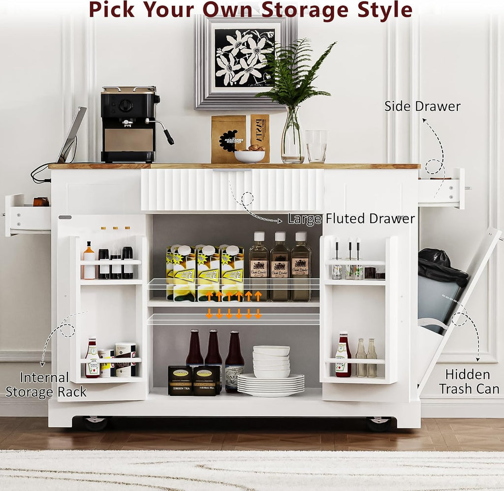 Fluted Rolling Kitchen Island Cart on 5 Wheels with Trash Can Storage Cabinet, Power Outlet, 3 Drawer, 3 Open Side Racks, 10 Gallon Garbage Bin for Kitchen, Dining Room, White