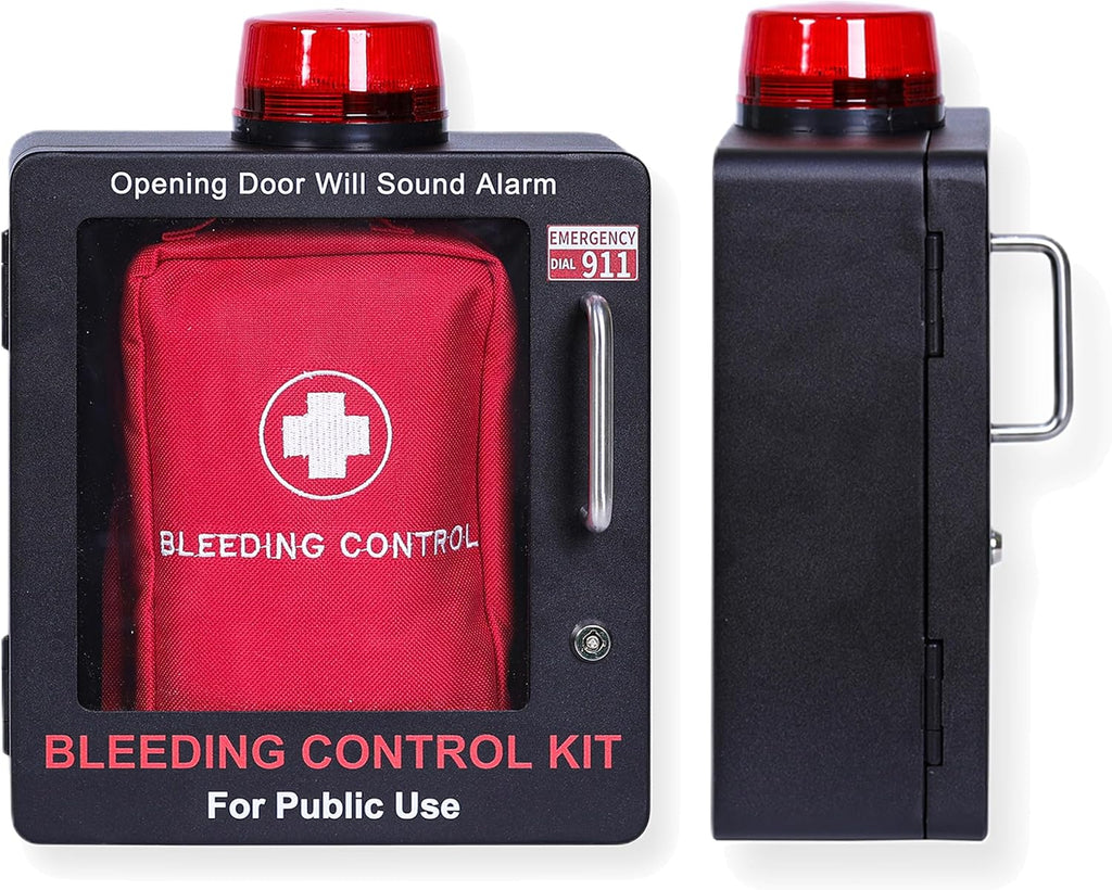 Bleeding Control Kit + Emergency Wall Mount Cabinet | Optional Lock & Alarm Feature Included (Black)