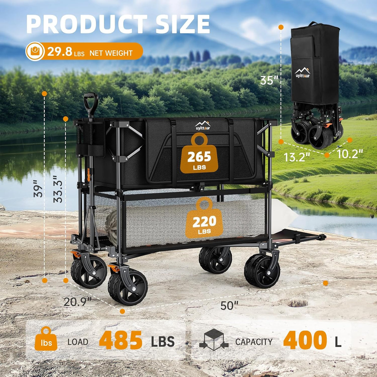 Uyittour Foldable 50''L Extra Long Double Decker Wagon for Sport, 400L Collapsible Heavy Duty Wagon Cart with Big Wheels, Utility All-Terrain Large Extender Cart for Outdoors