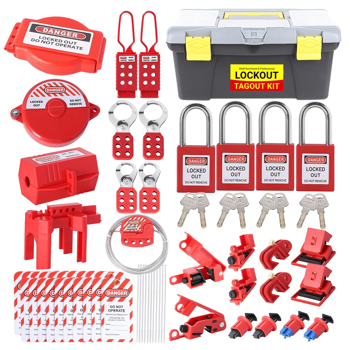 Multi-Functional Lockout Tagout Kit 70+ Pcs - Safety Padlock, Hasp, Ball/Gate Valve, Circuit Breaker, Plug & Loto Tags