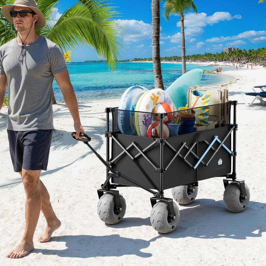 Beach Wagon with Big Wheels for Sand, 450LBS Heavy Duty Foldable Collapsible Wagons Carts with 9' All Terrain Inflatable Tires, Adjustable Capacity 200L–380L for Groceries, Camping, Sports