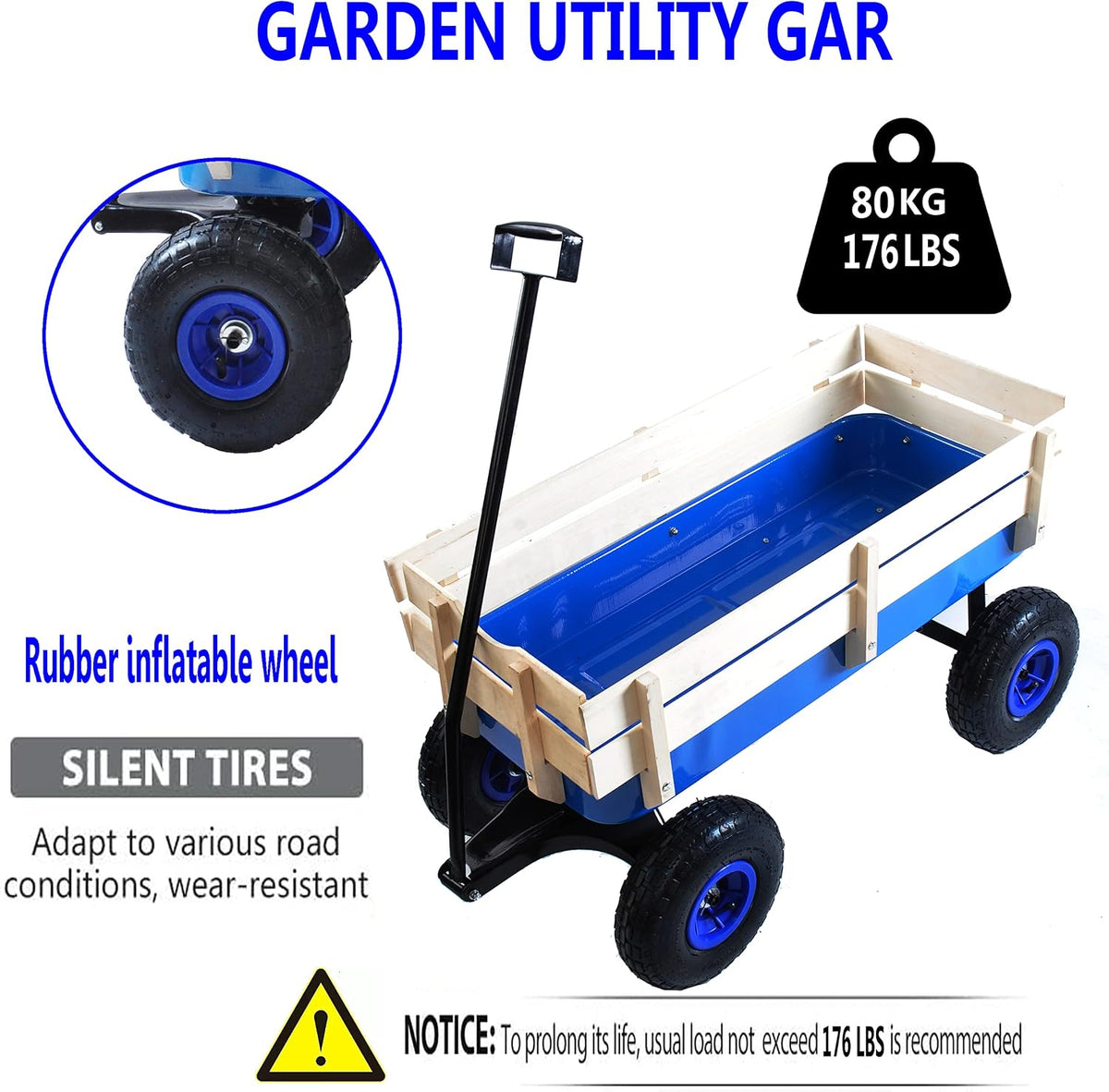 Outdoor Sport All Terrain Pulling Wagon With Removable Wooden Side Panels, Air Tires, Big Foot Panel, Sturdy Steel Bed, Kids' Pull-Along (Blue)