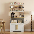 Bakers Rack with Storage Cabinet, Farmhouse Microwave Stand with Power Outlets, Small Kitchen Bakers Rack with Thick Table Top, Coffee Bar Station for Dining Room, White & Peer Wood