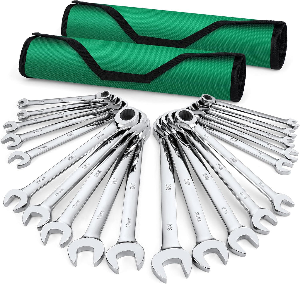 SK Ratcheting Wrench Set, Combination Wrench Set, 20-Piece, SAE 1/4' to 3/4', Metric 6 to 18mm, 72-Tooth, Premium CR-V Construction, with Rolling Pouch