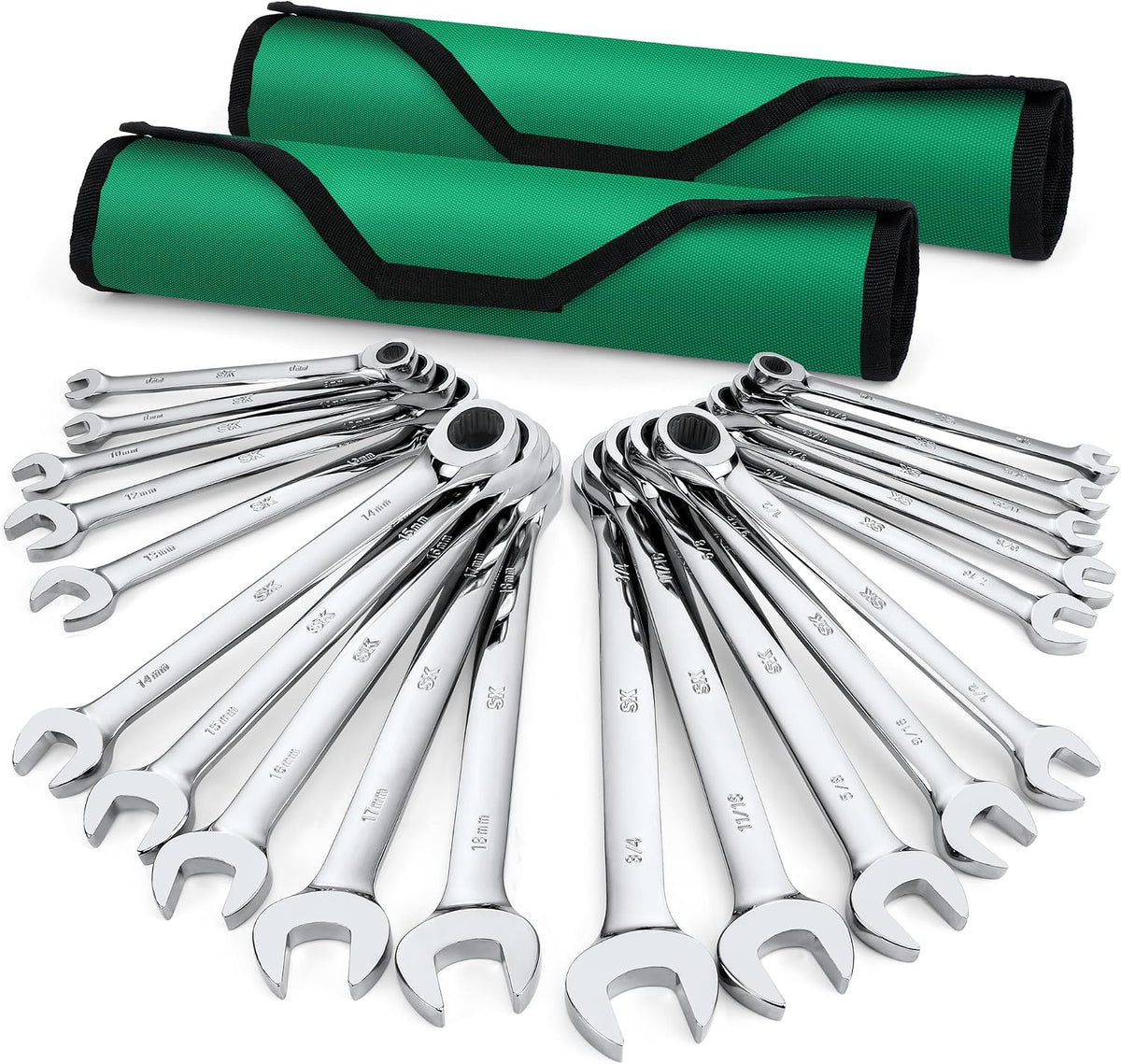 SK Ratcheting Wrench Set, Combination Wrench Set, 20-Piece, SAE 1/4' to 3/4', Metric 6 to 18mm, 72-Tooth, Premium CR-V Construction, with Rolling Pouch