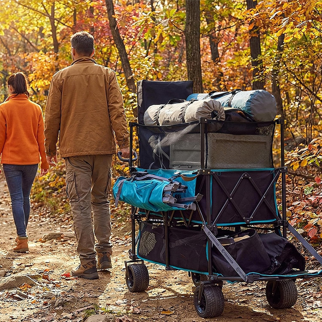 FUNDANGO Double Decker Wagon with High Extender & Tailgate, 660L XXL Foldable Collapsible Double Wagons, Heavy Duty Grocery Cart with All-Terrain Wheels for Camping, Baseball/Softball Gear, Home