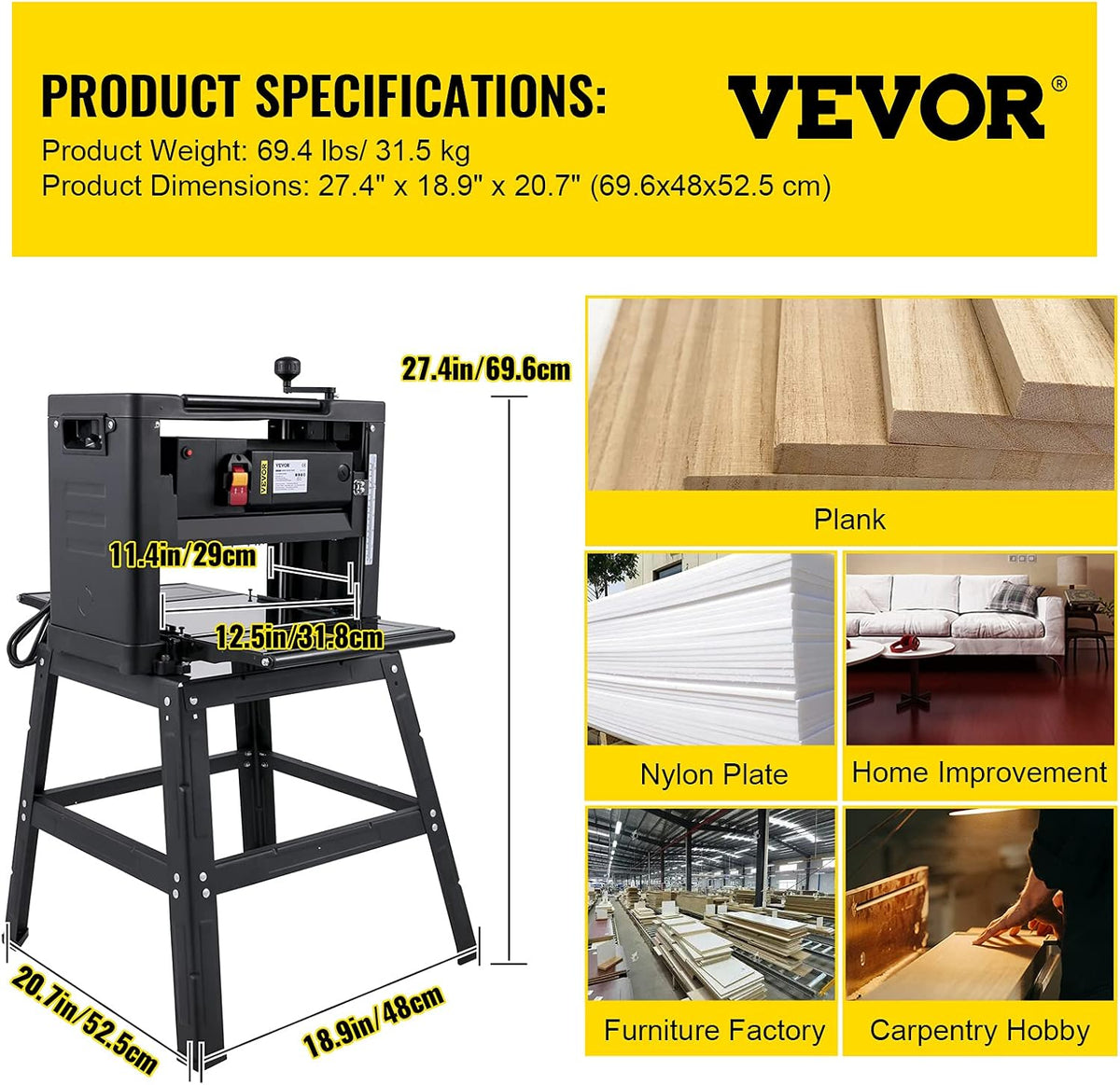 VEVOR Thickness Planer 12.5 inch Wood Planer Foldable 1500W Thickness Planer Woodworking 315'/min Feed Rate Double Cutter Benchtop Thickness Planer with Dust Exhaust Interface Stand for Woodworking