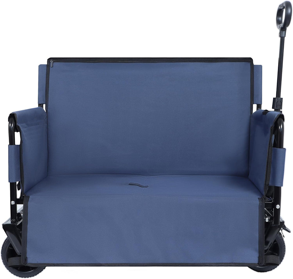 3-in-1 Convertible Folding Wagon Cart with Bench Seat & 180L Storage - 500lbs Heavy-Duty All-Terrain Wagon for Camping, Beach, Sports & Garden Use (Dark Blue)