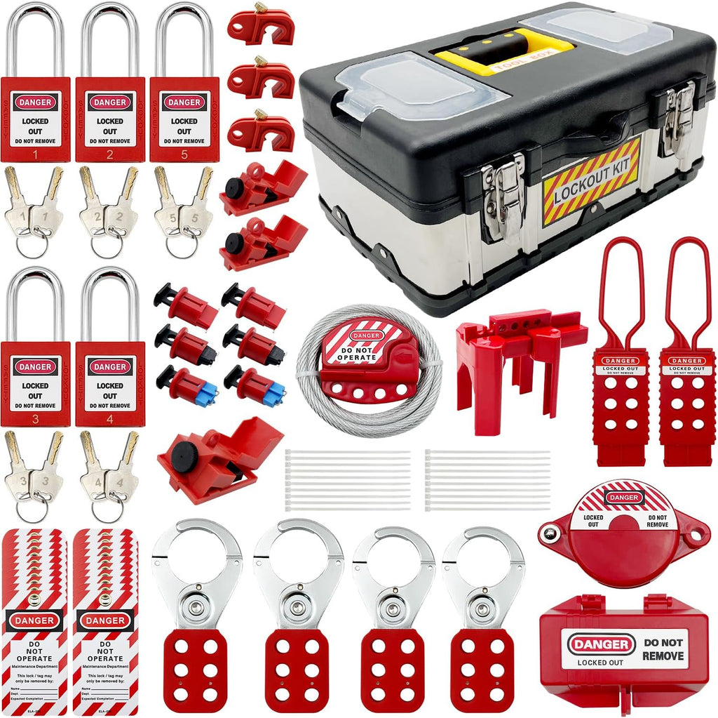 Lockout Tagout Kit Electrical Loto - Group Lockout Hasps, Lockout Tags, Safety Padlocks with Number, Nylon Ties with Tool Box