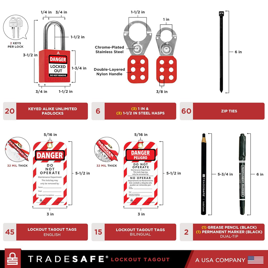 TRADESAFE Lockout Tagout Station with 20 Loto Locks Keyed Alike Unlimited, 6 Lockout Hasps, 60 Lock Out Tags, Lock Out Tag Out Kit Station, Lock Out Kit Cabinet 22-1/2 x 18 x 3 inches