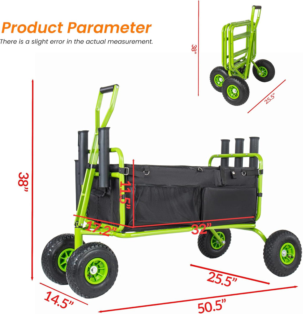 Fishing Cart Beach Cart Collapsible Wagon with 9.85' All-Terrain Wheels for Sand, Heavy Duty Foldable Utility Cart 550LBS Capacity with Rod Holders for Camping, Garden, Grocery, Outdoor Sports(Green)