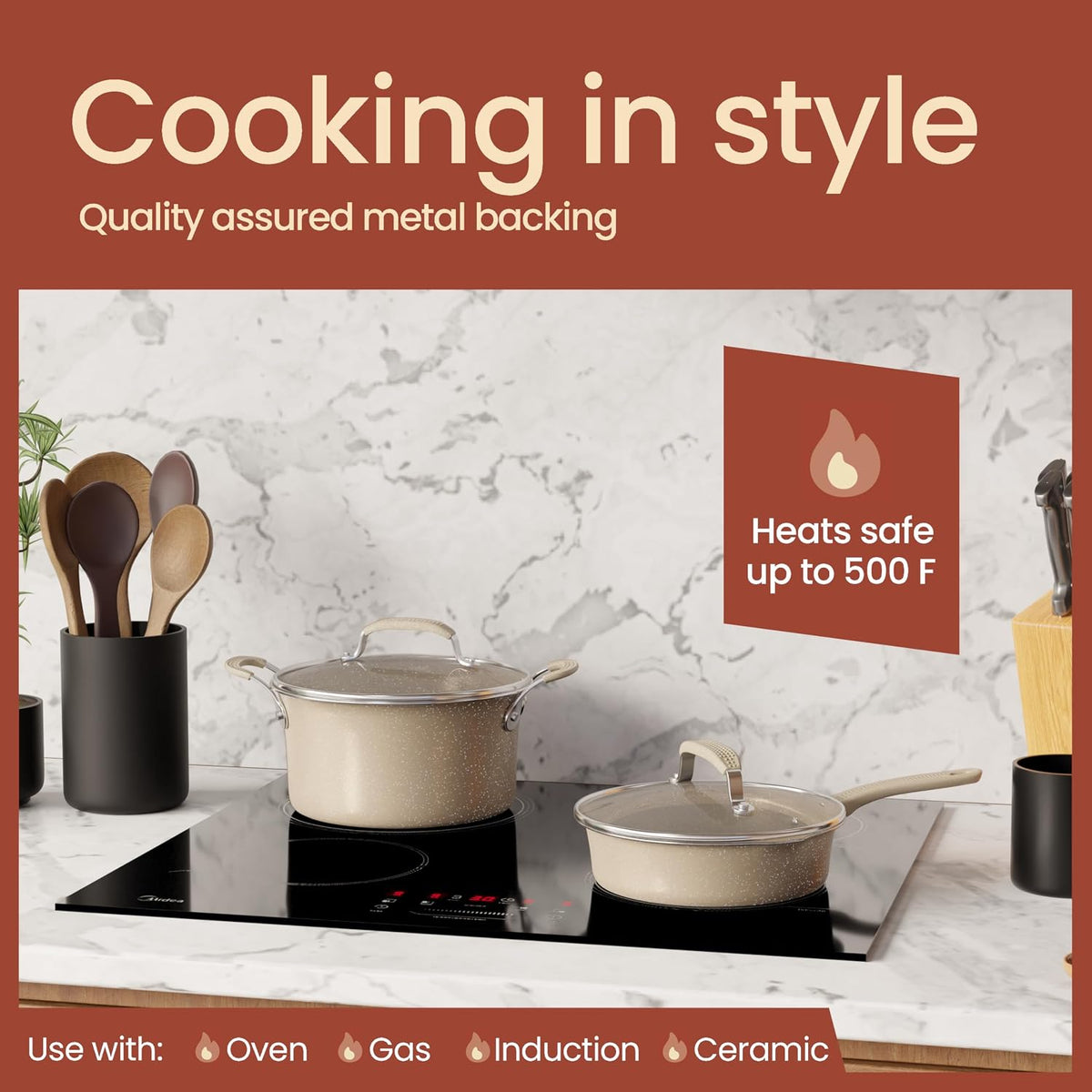 Pots and Pans Set, 22-Piece Non Stick Cookware & Bakeware Sets with Plaid Pattern, Stackable Design, Dishwasher Safe, Stain-resistant, Oven & All-Stove Safe, Tempered Glass Lid, White Marble