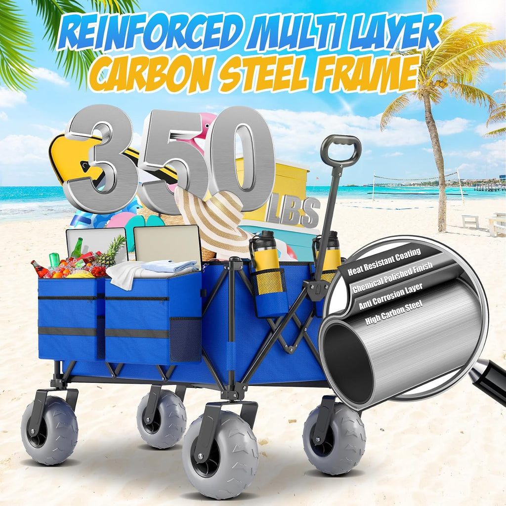 Beach Wagon with Big Wheels for Sand, 350lbs Heavy Duty Folding Wagon, Oversized 180L, 9' PVC All-Terrain Wheels, Adjustable Handle, Cooler & Storage Bags for Beach, Camping & Outdoor Sports (Blue)