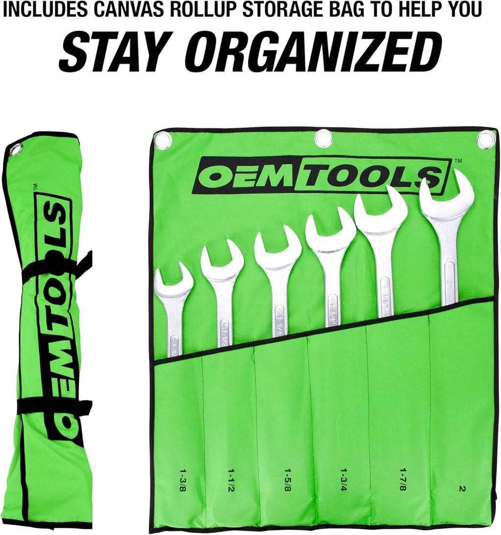 OEMTOOLS 22113 SAE Jumbo Angle Head Wrench Set, Large Fastener Access for Heavy-Duty Maintenance, 6 Piece 1-3/8' to 2' Wrenches, Chrome Finish, Carbon Steel, Wrench Roll Included