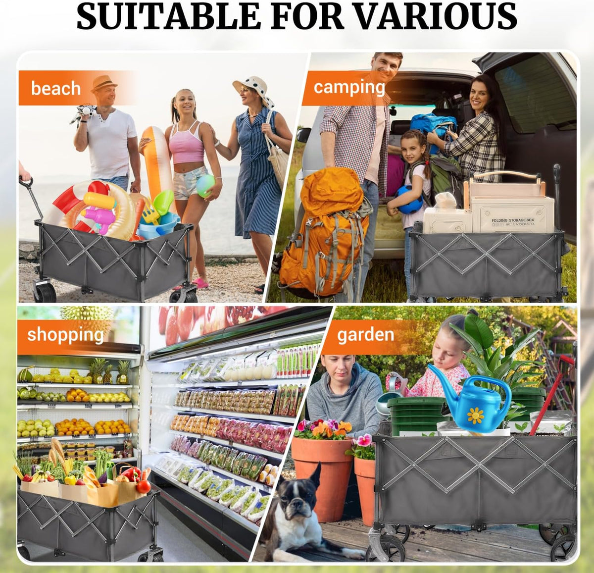 Portable 400L Collapsible Wagon Grey Large Capacity Camping, Sports, Garden, Baseball Versatile Utility