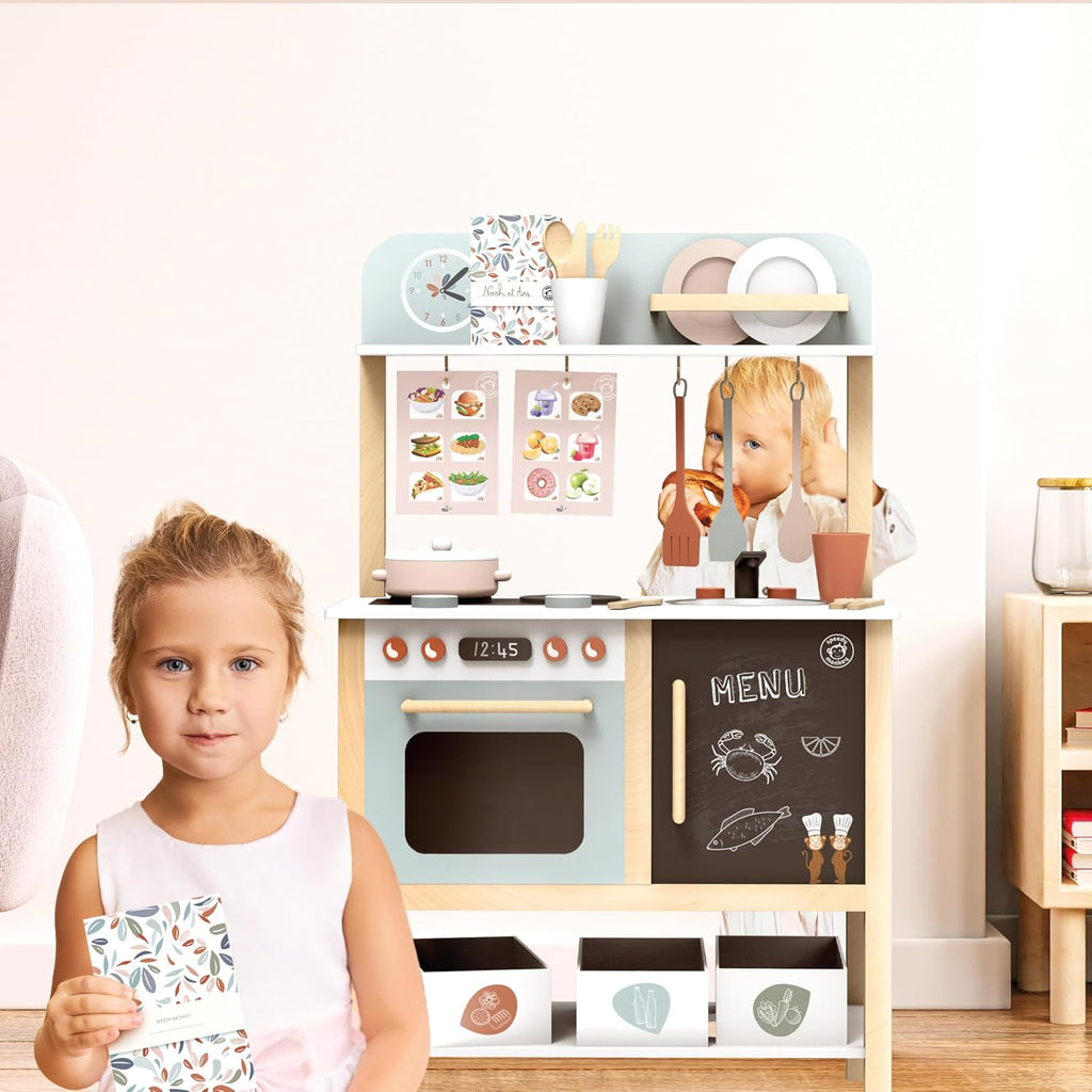 SPEEDY MONKEY Wooden Play Kitchen Set for Pretend Play | 20-Piece Kids Cooking Set with Wooden Food & Cookware Accessories | Supports Imaginative Play & Social Skill Development for Kids Ages 3+