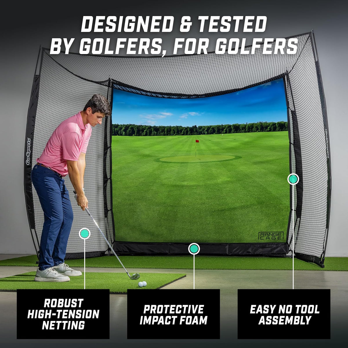 GoSports Range Cage 10 ft x 8 ft Golf Net Cage – Indoor & Outdoor Golf Practice Net for Full Swing Training and Home Golf Simulator Setups