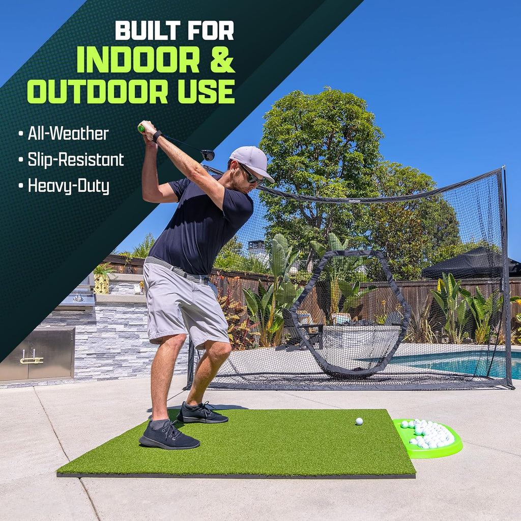 GoSports Elite Golf Hitting Mat for Indoor and Outdoor Practice - Withstands Thousands of Shots - Heavy-Duty Turf Driving Range Mats Works with Golf Simulators - Includes 3 tees - Choose Your Size